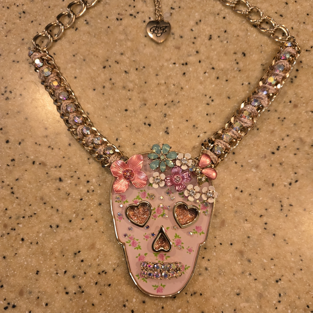 Betsey Johson Floral Skull Rhinestone Pendant Necklace